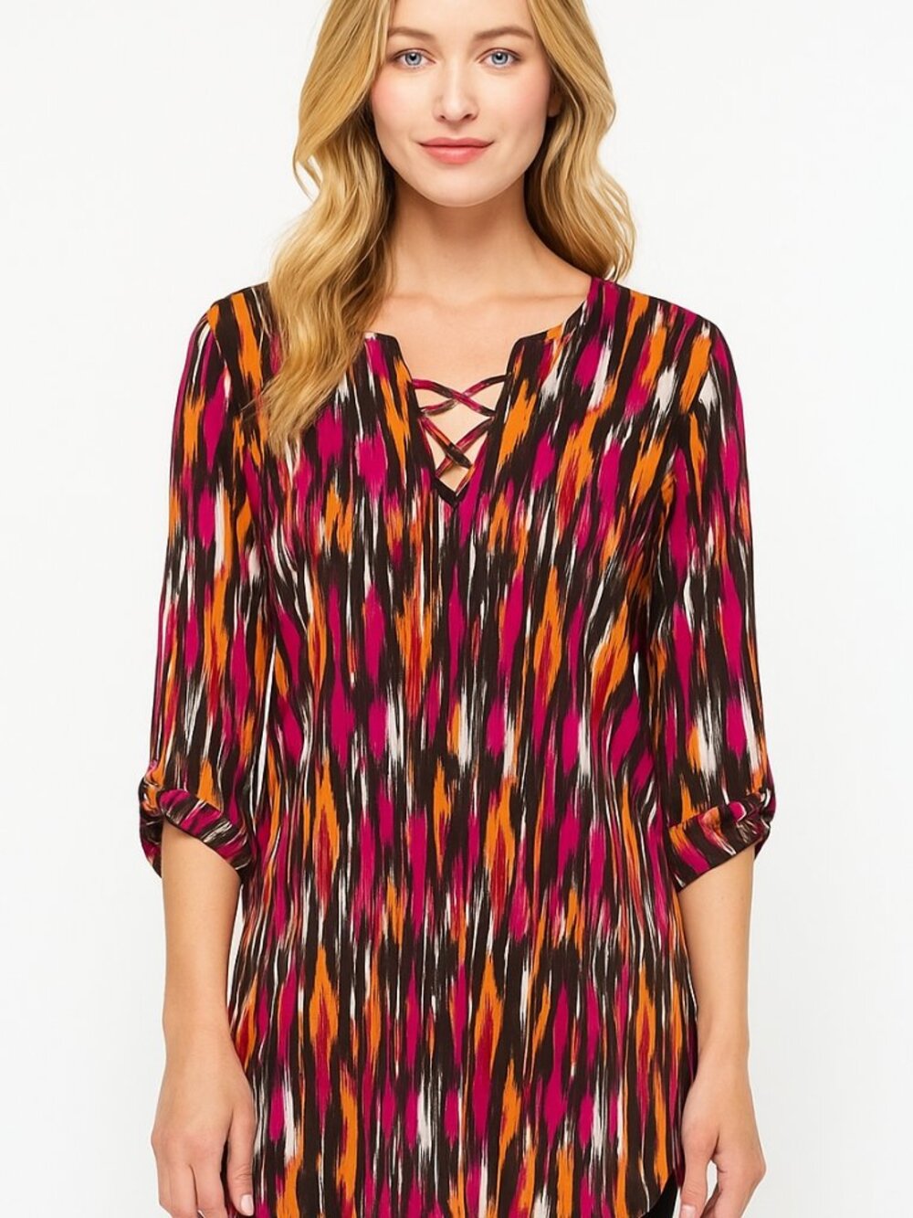 Michael Kors Large L‎ Pink Orange Brown Ikat Boho Lace Up Tunic Top Blouse Shirt